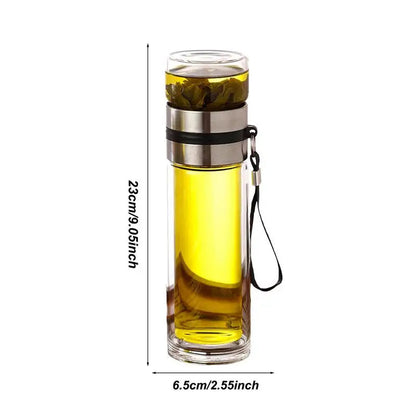 Glass tea infuser bottle disassembled showing easy-clean strainer and borosilicate body
