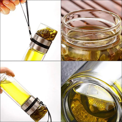 Heat-resistant borosilicate glass tea infuser bottle with screwed lid, filled with hot tea