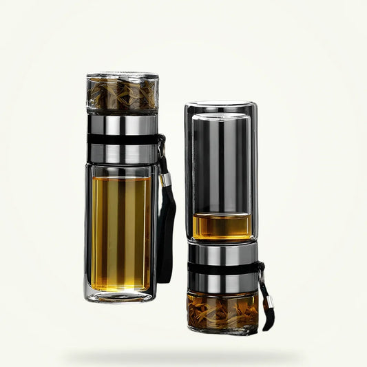 Portable glass tea infuser bottle with stainless steel strainer, full product view on white background