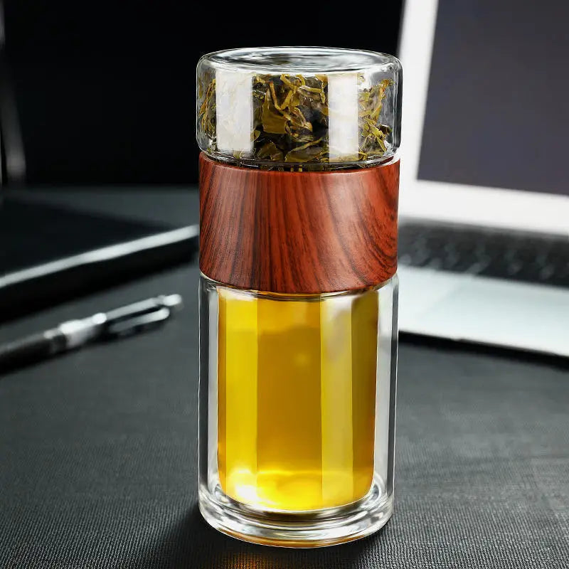 Glass teapot body with wooden-look ring detail and separate loose leaf infuser compartment