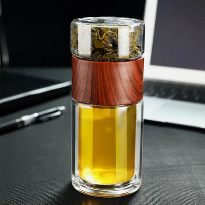 Glass teapot body with wooden-look ring detail and separate loose leaf infuser compartment
