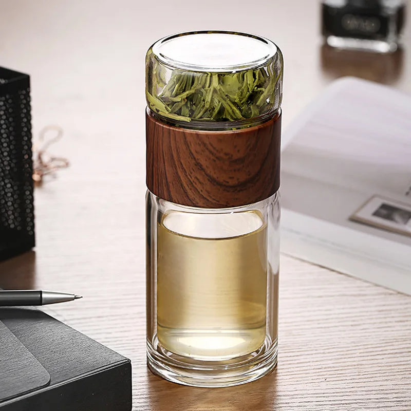 Borosilicate glass teapot for loose leaf tea shown on a desk, travel and office use