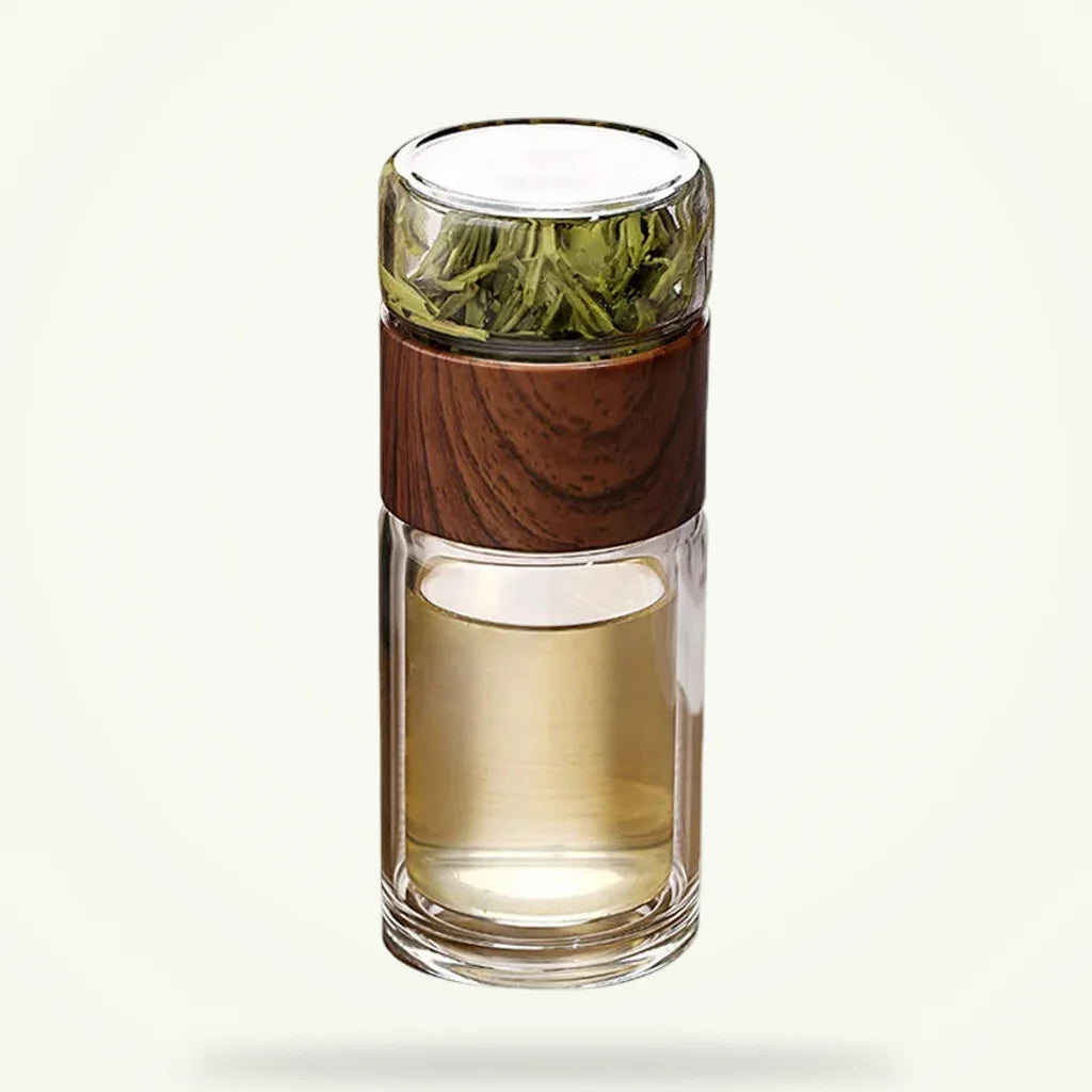 Portable glass teapot with loose leaf infuser, 300 ml borosilicate, packshot on plain background
