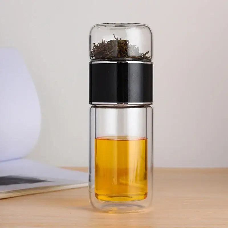 Black portable tea infuser bottle with sleeve