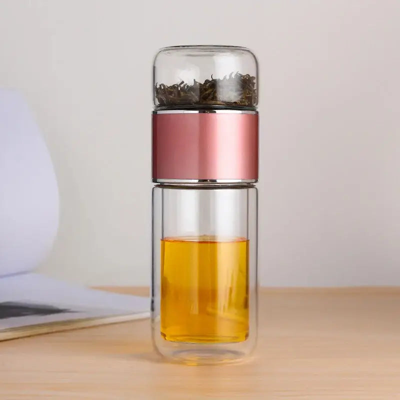 Rose pink portable tea infuser bottle with sleeve