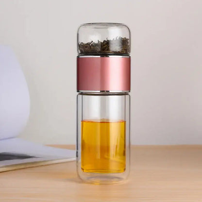 Rose pink portable tea infuser bottle with sleeve