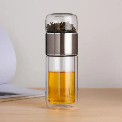 Silver portable tea infuser bottle with sleeve