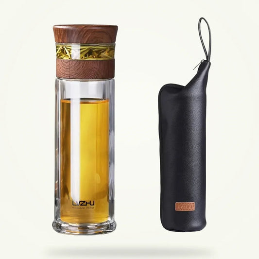 Double wall glass tea infuser bottle with stainless steel filter, full product view
