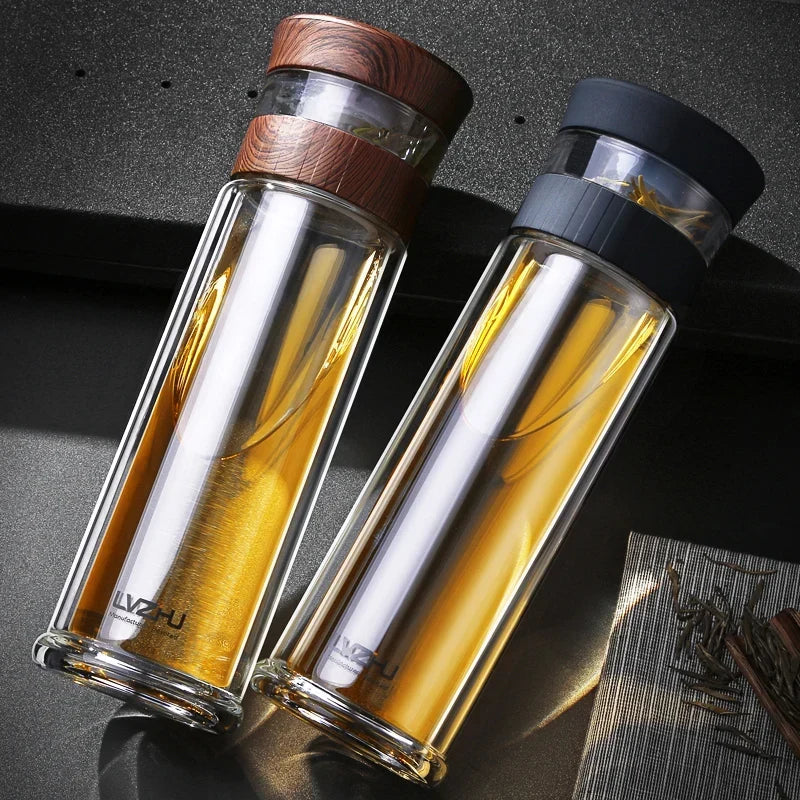 Double wall glass tea infuser bottle with blue sleeve, 400ml