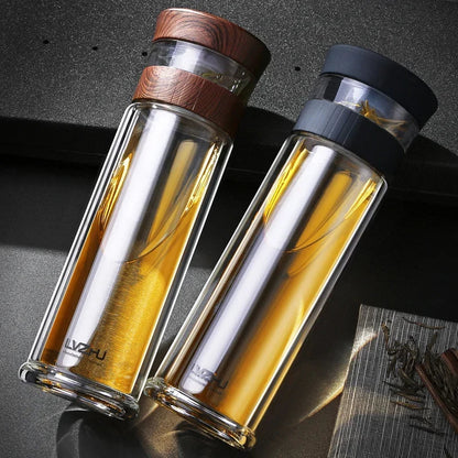 Double wall glass tea infuser bottle with blue sleeve, 400ml