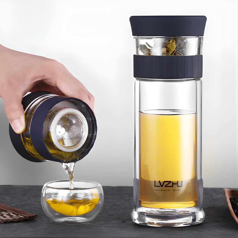 Glass tea infuser bottle with wood sleeve, 400ml, side view