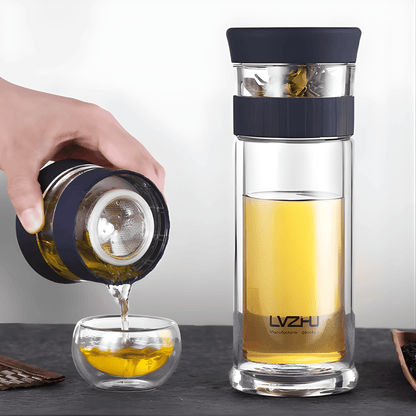 Glass tea infuser bottle with wood sleeve, 400ml, side view