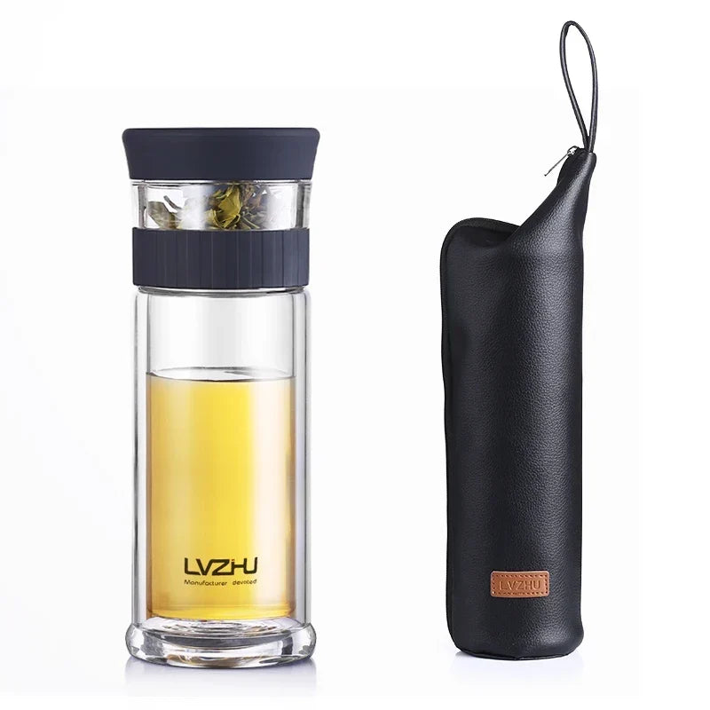 Loose leaf glass tea bottle with removable stainless filter basket, open view