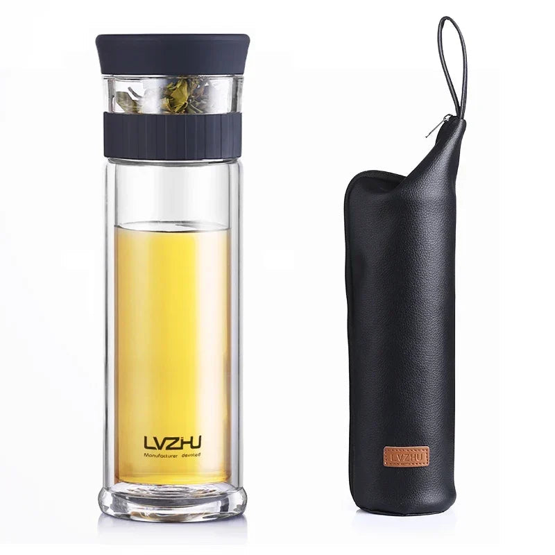 Double wall glass tea infuser bottle, blue sleeve, 300ml size comparison