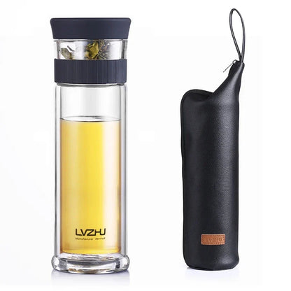 Double wall glass tea infuser bottle, blue sleeve, 300ml size comparison