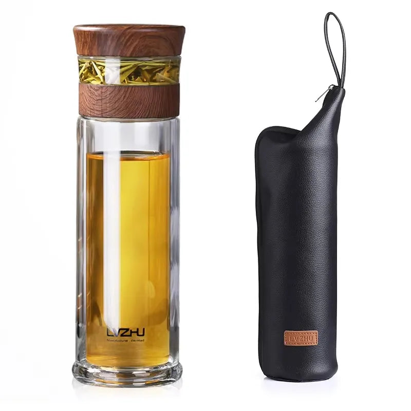 Glass tea infuser bottle with wood sleeve, top view showing wide mouth opening