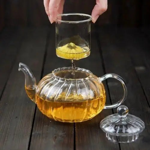 Glass pumpkin teapot showing built-in spout strainer detail