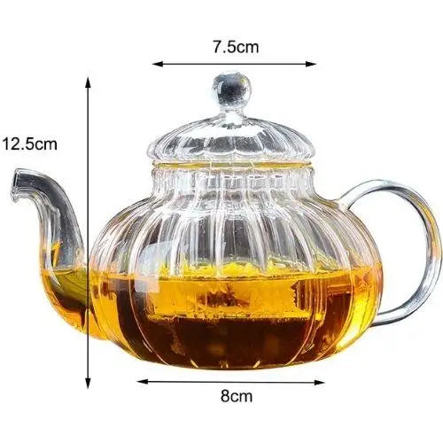 Pumpkin glass teapot size comparison next to a standard mug