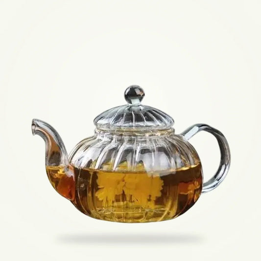 Pumpkin Glass Teapot with Built-In Strainer, 20 oz Borosilicate, product photo on a plain background