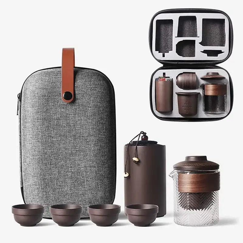 Zisha purple clay travel tea set with padded carrying case, full set view