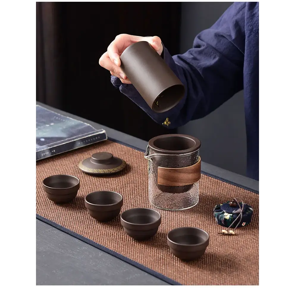 Purple clay travel tea set with case and teapot