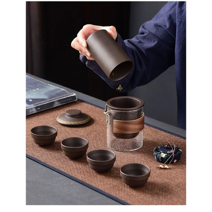Purple clay travel tea set with case and teapot