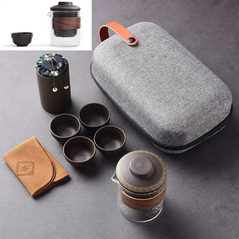 Compact design purple clay travel tea set with case, smallest footprint variant