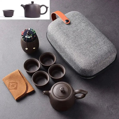 Classic design purple clay travel tea set with carrying case, understated style