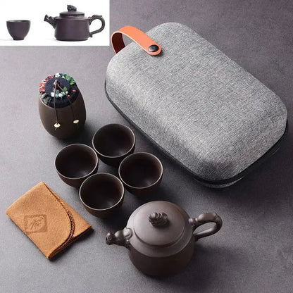 Chinese Dragon relief design purple clay travel tea set with case, decorative Zisha teapot