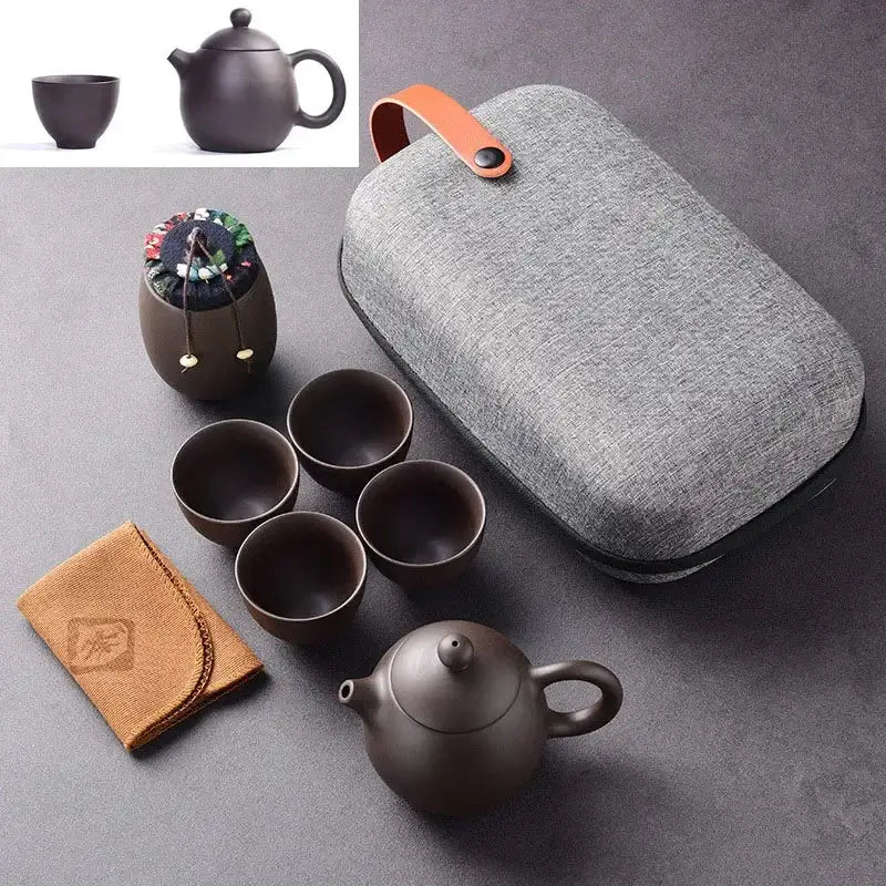 Elegant design purple clay travel tea set with carrying case, refined Yixing-style set