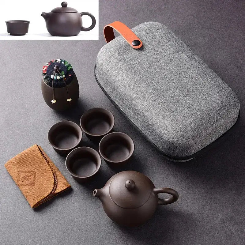 Artisan design purple clay travel tea set with case, handcrafted relief detail