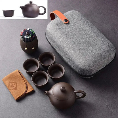 Artisan design purple clay travel tea set with case, handcrafted relief detail