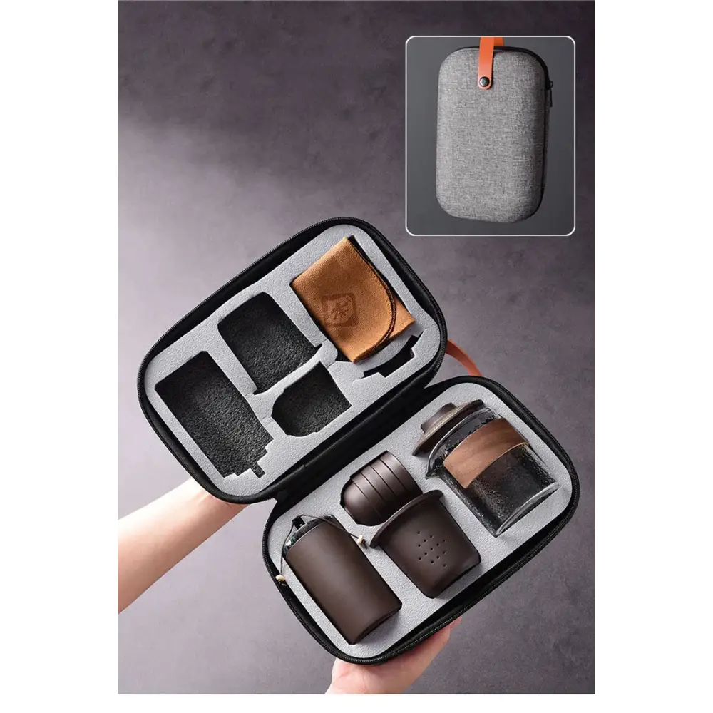 Zisha purple clay tea set packed inside closed carrying case, travel-ready