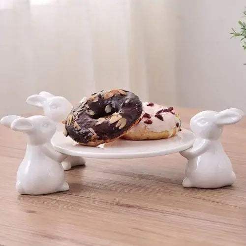 Rabbit tea tray with two rabbits on a round porcelain tray