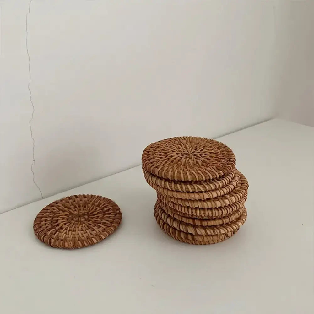Close-up of a handwoven raffia tea coaster
