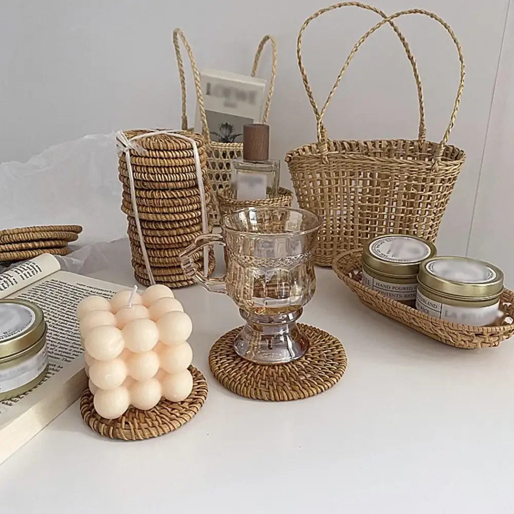Stack of natural rattan coasters for tea