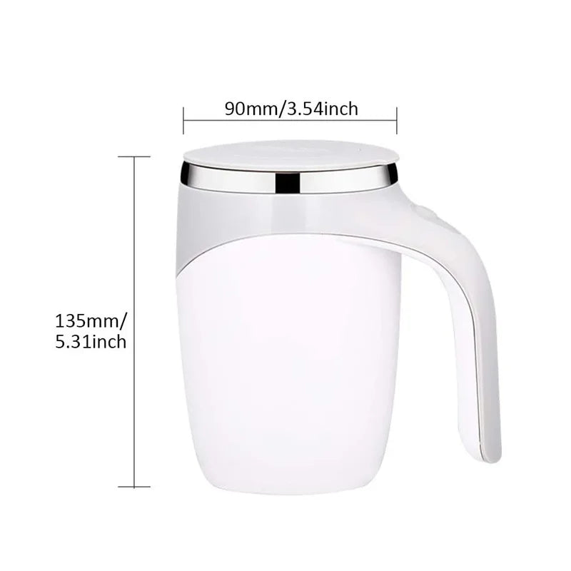 Self-stirring mug with hot chocolate and marshmallows, magnetic mixer in action