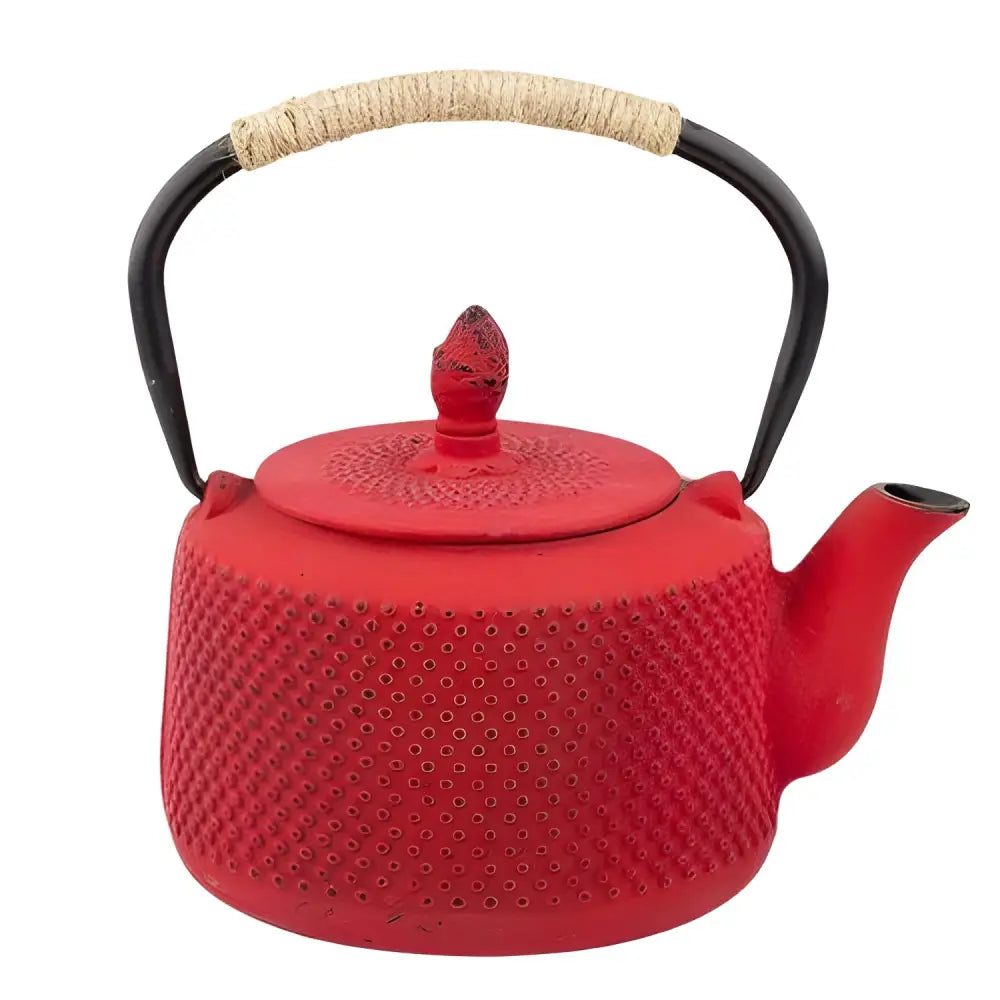 Red Japanese cast iron teapot with traditional raised pattern, 850 ml