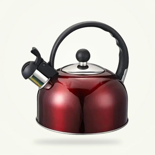 Red vintage whistling tea kettle 2.5L stainless steel, front view on plain background