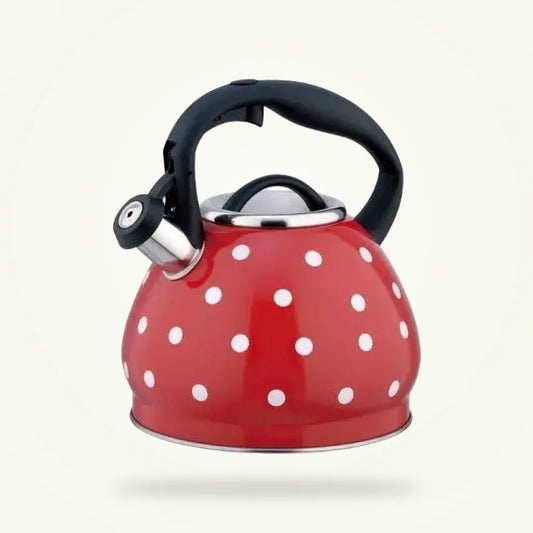 Red Whistling Teapot 3L Stainless Steel Retro Stovetop Kettle, product photo on a plain background