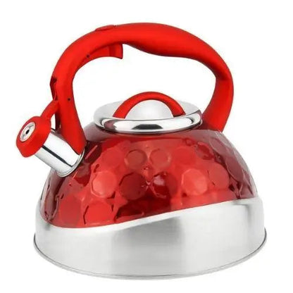 Red whistling teapot on stove, 3 liter capacity