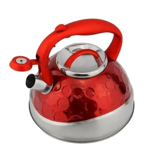 Close up of red enamel teapot with whistle