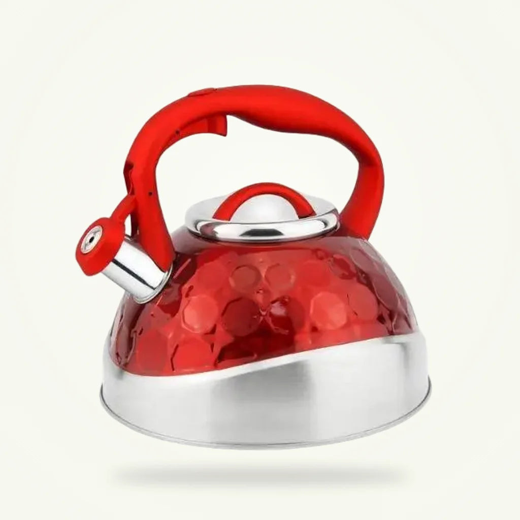 Red Whistling Teapot 3L Stainless Steel Stovetop Kettle, product photo on a plain background