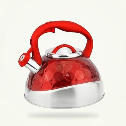 Red Whistling Teapot 3L Stainless Steel Stovetop Kettle, product photo on a plain background
