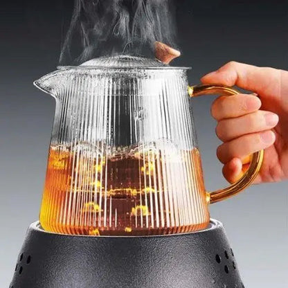 Clear ribbed glass teapot being used to brew loose-leaf tea