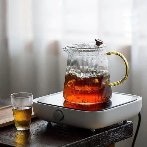 Borosilicate glass teapot with ribbed texture shown on countertop