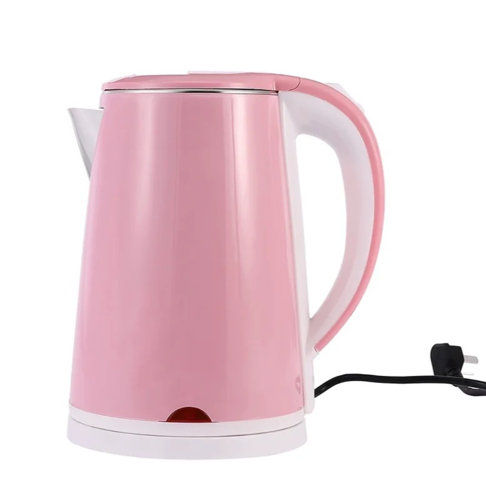 Pink electric kettle pouring hot water into a teacup