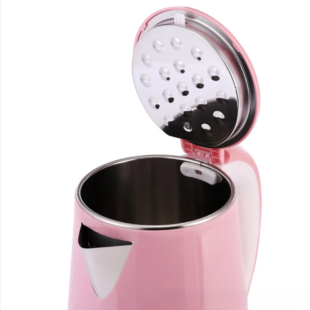 Close up of rose colored electric kettle with stainless steel lid