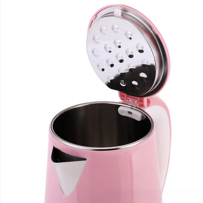Close up of rose colored electric kettle with stainless steel lid