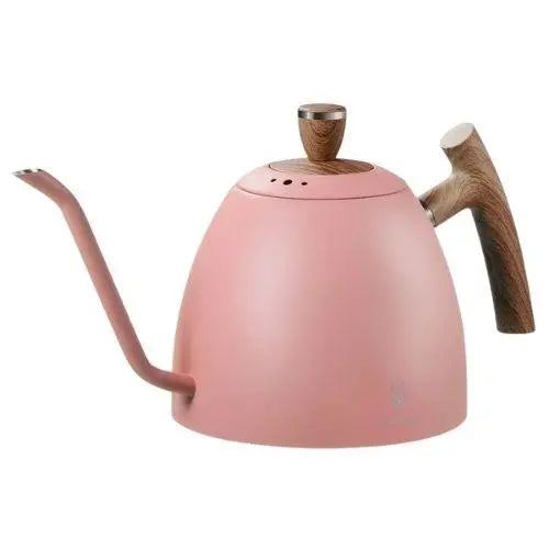 Rose gooseneck tea kettle showing curved swan neck spout detail, blush pink finish